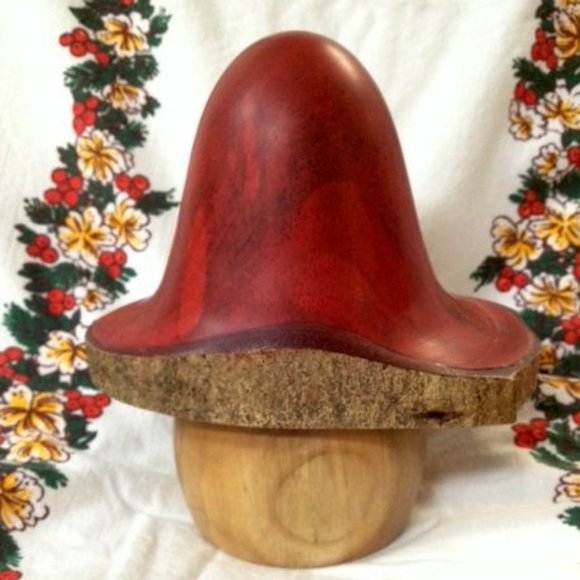 WALNUT Wood MUSHROOM Jewelry Box Red Carved Art